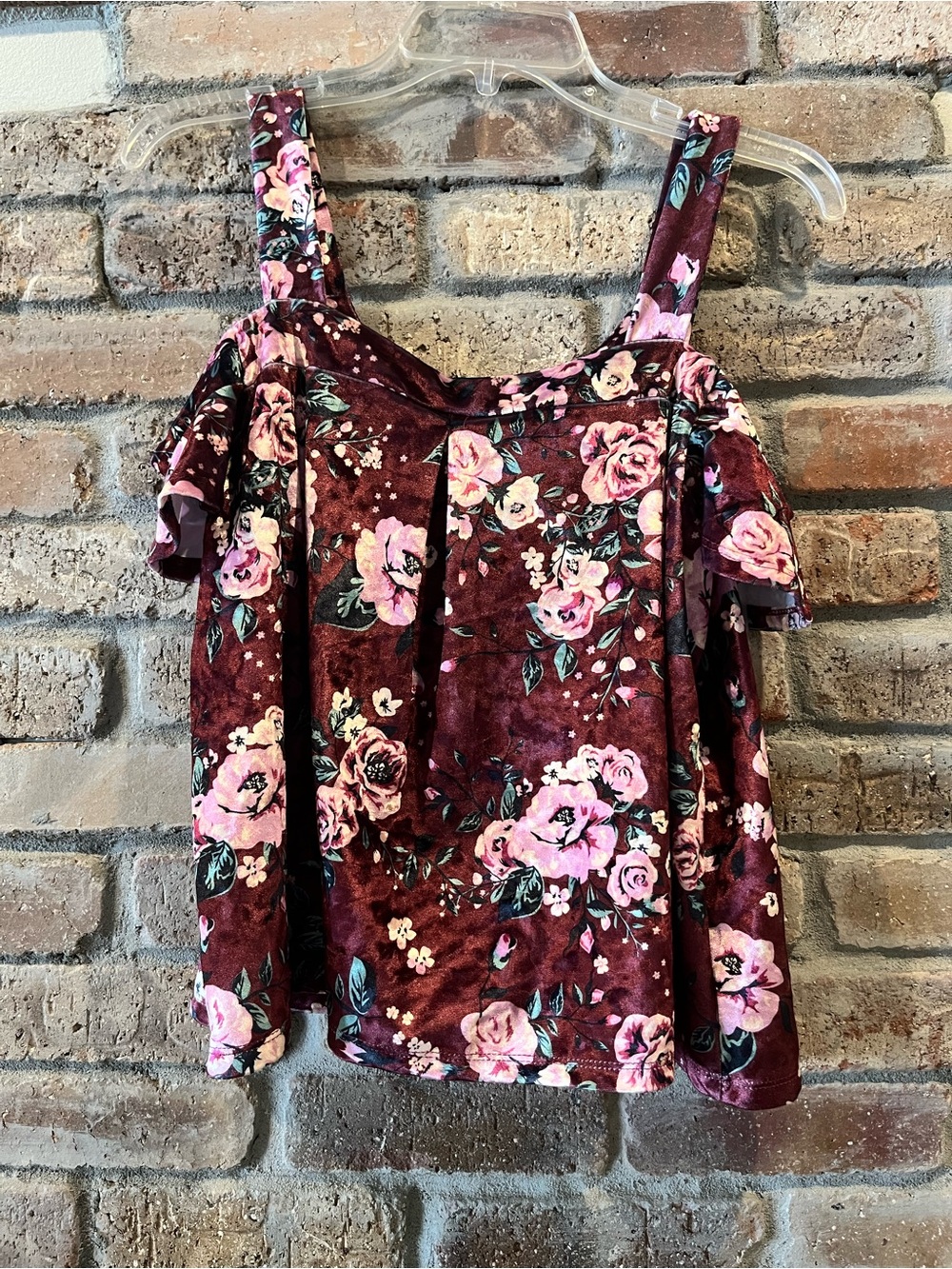 Self Esteem Burgundy Floral Velvet Off-Shoulder Tank